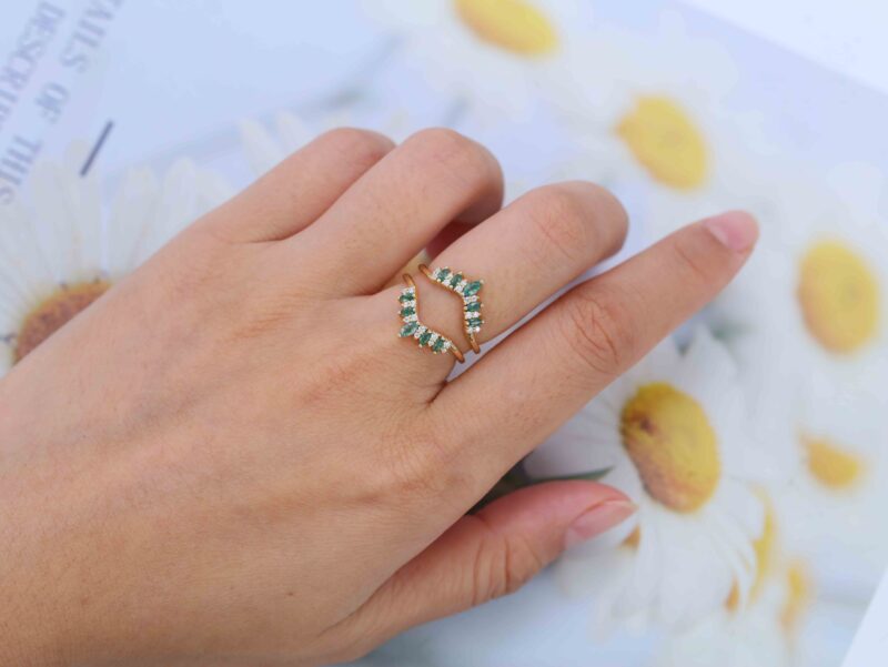 Unique Marquise Shape Moss Agate Curved Wedding Band Yellow Gold Moissanite Ring Enhancer Promise Custom Rings For Women