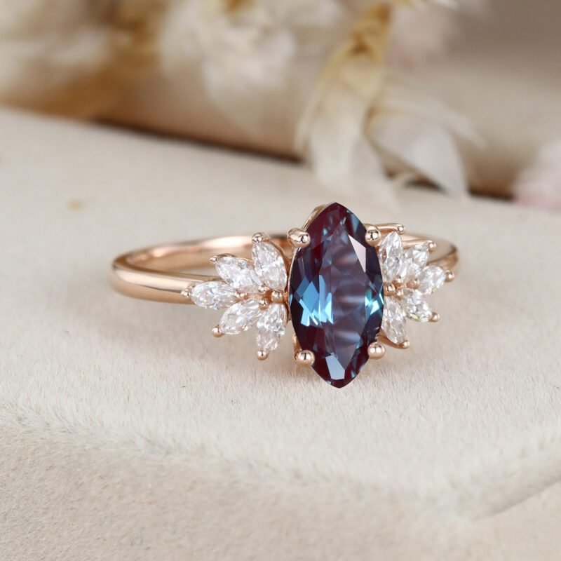 Unique Marquise cut Alexandrite engagement ring Vintage Rose gold cluster engagement ring Marquise Diamond Bridal Promise gift for women