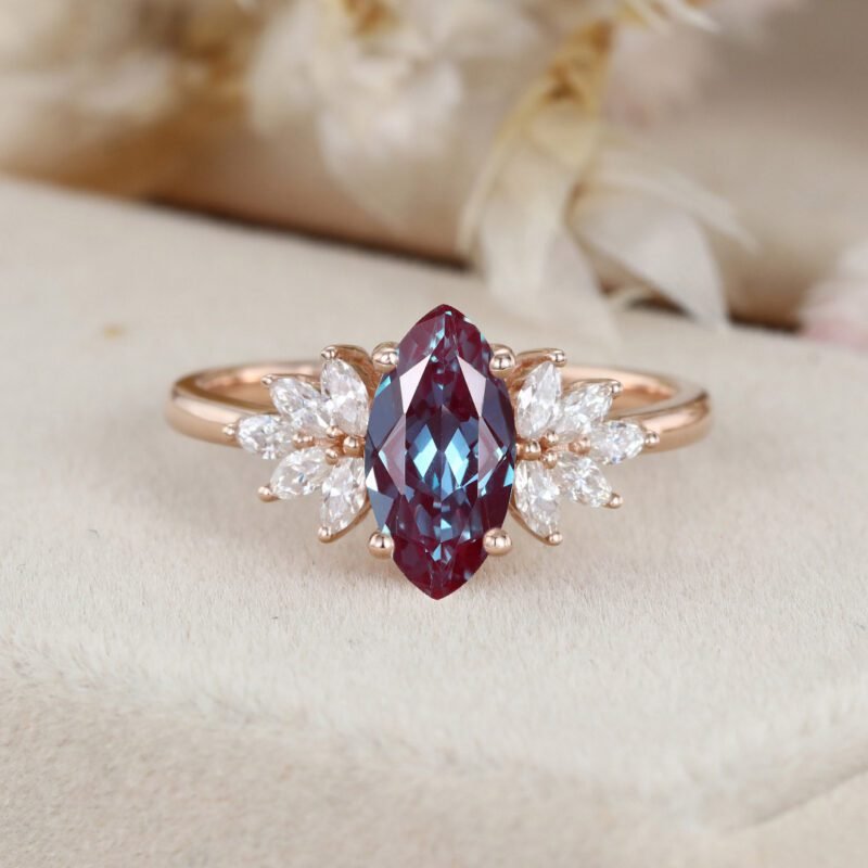 Unique Marquise cut Alexandrite engagement ring Vintage Rose gold cluster engagement ring Marquise Diamond Bridal Promise gift for women