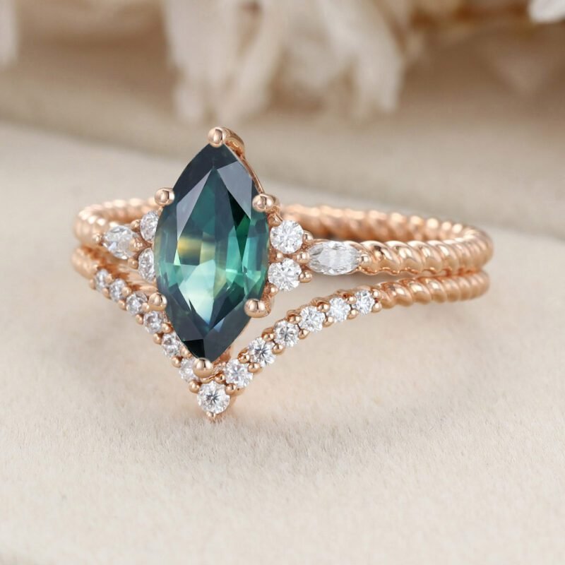 Unique Marquise cut Blue green sapphir engagement twist ring set 14K Rose gold moissanite engagement ring Bridal Promise Anniversary gift