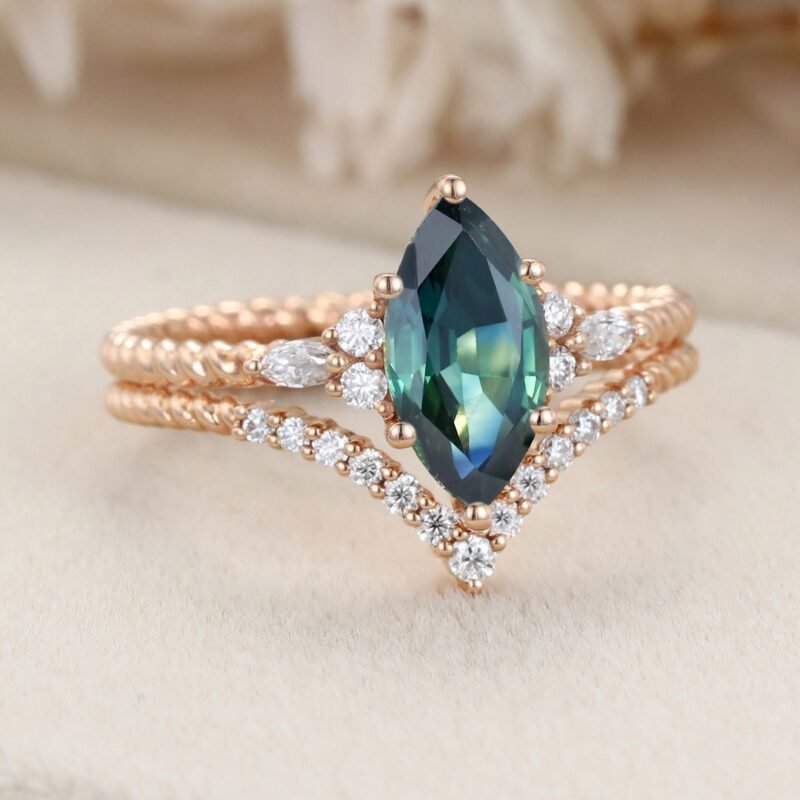 Unique Marquise cut Blue green sapphir engagement twist ring set 14K Rose gold moissanite engagement ring Bridal Promise Anniversary gift