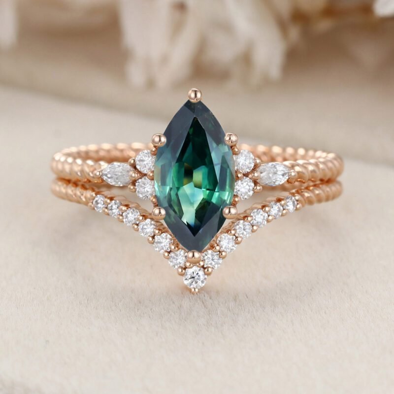 Unique Marquise cut Blue green sapphir engagement twist ring set 14K Rose gold moissanite engagement ring Bridal Promise Anniversary gift