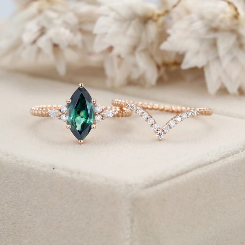 Unique Marquise cut Blue green sapphir engagement twist ring set 14K Rose gold moissanite engagement ring Bridal Promise Anniversary gift