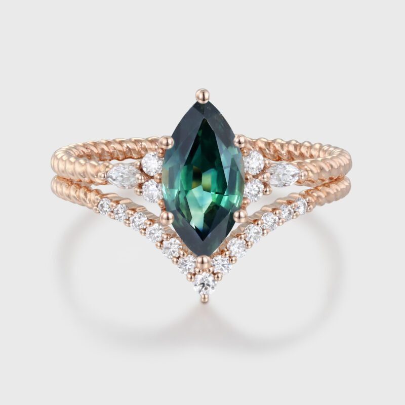 Unique Marquise cut Blue green sapphir engagement twist ring set 14K Rose gold moissanite engagement ring Bridal Promise Anniversary gift