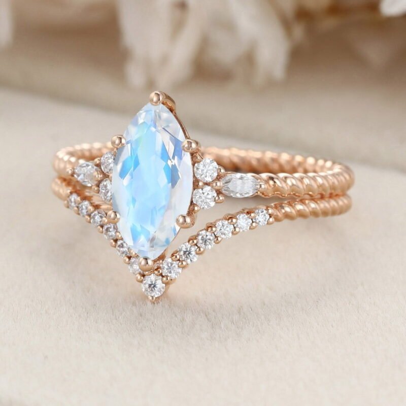 Unique Marquise cut Moonstone engagement ring set 14K Rose gold moissanite engagement ring Diamond curved wedding Bridal Promise gift