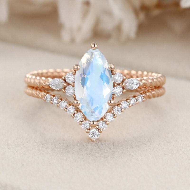 Unique Marquise cut Moonstone engagement ring set 14K Rose gold moissanite engagement ring Diamond curved wedding Bridal Promise gift