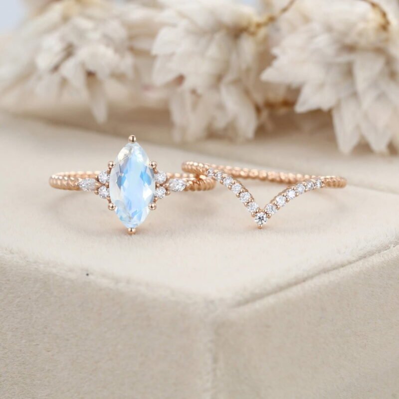 Unique Marquise cut Moonstone engagement ring set 14K Rose gold moissanite engagement ring Diamond curved wedding Bridal Promise gift