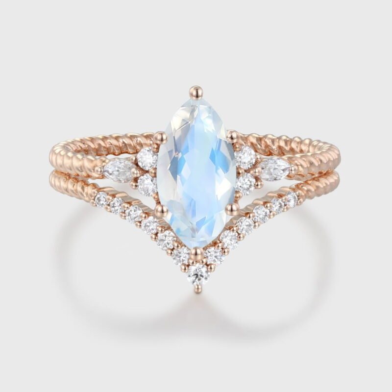 Unique Marquise Cut Moonstone and Diamond Engagement Ring Set with 14K Rose Gold Curved Wedding Band, Bridal Promise Gift.