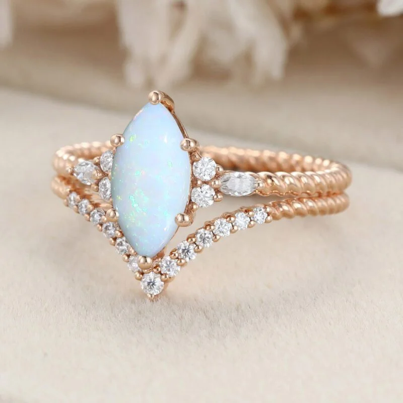 Unique Marquise cut Opal engagement twist ring set Rose gold moissanite engagement ring Diamond curved wedding Bridal Promise gift