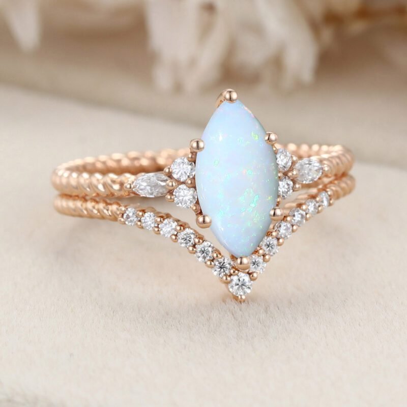 Unique Marquise cut Opal engagement twist ring set Rose gold moissanite engagement ring Diamond curved wedding Bridal Promise gift
