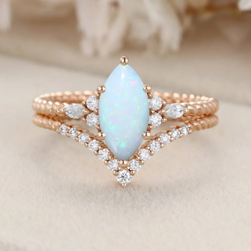 Unique Marquise cut Opal engagement twist ring set Rose gold moissanite engagement ring Diamond curved wedding Bridal Promise gift