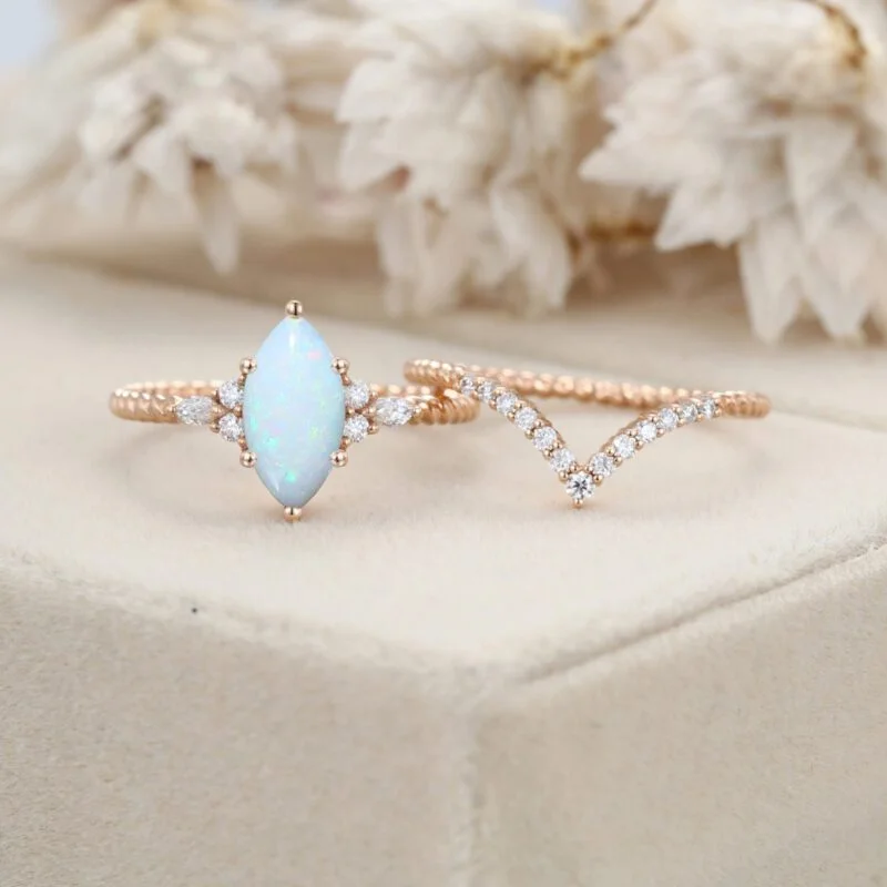 Unique Marquise cut Opal engagement twist ring set Rose gold moissanite engagement ring Diamond curved wedding Bridal Promise gift