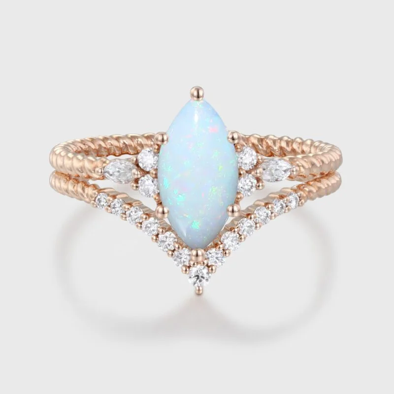 Unique Marquise cut Opal engagement twist ring set Rose gold moissanite engagement ring Diamond curved wedding Bridal Promise gift