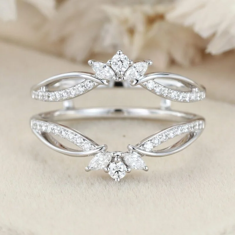 Unique Moissanite Curved wedding band 14K White gold double wedding band vintage marquise diamond wedding ring matching bridal promise gift