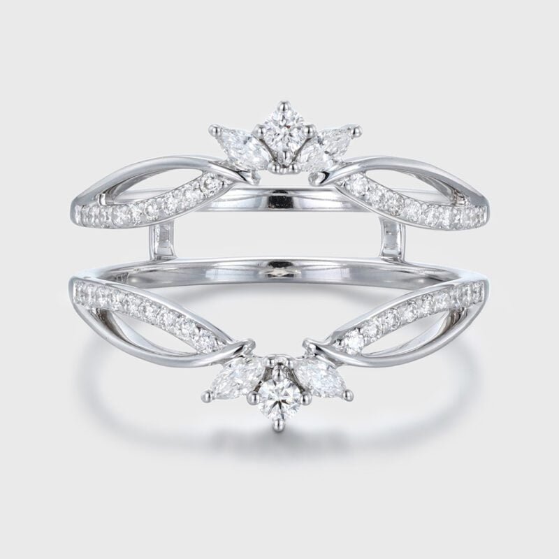 Unique Moissanite Curved wedding band 14K White gold double wedding band vintage marquise diamond wedding ring matching bridal promise gift