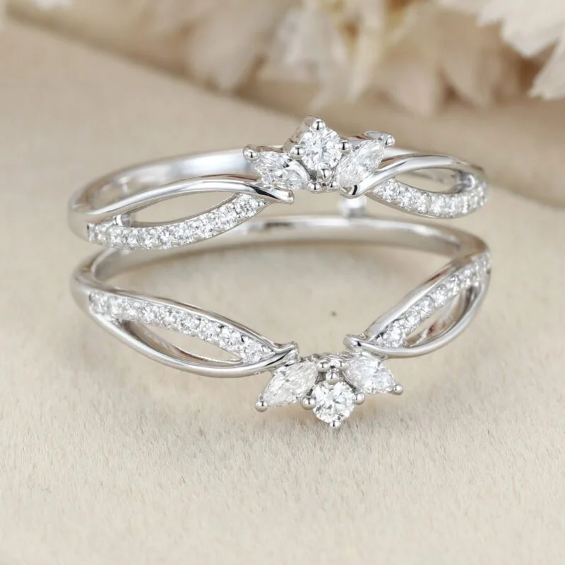 Unique Moissanite Curved wedding band 14K White gold double wedding band vintage marquise diamond wedding ring matching bridal promise gift