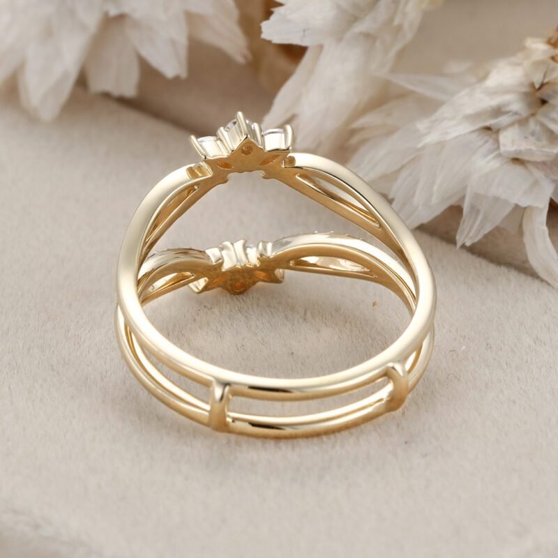 Unique Moissanite Curved wedding band Yellow gold double wedding band vintage marquise diamond wedding ring matching bridal promise gift