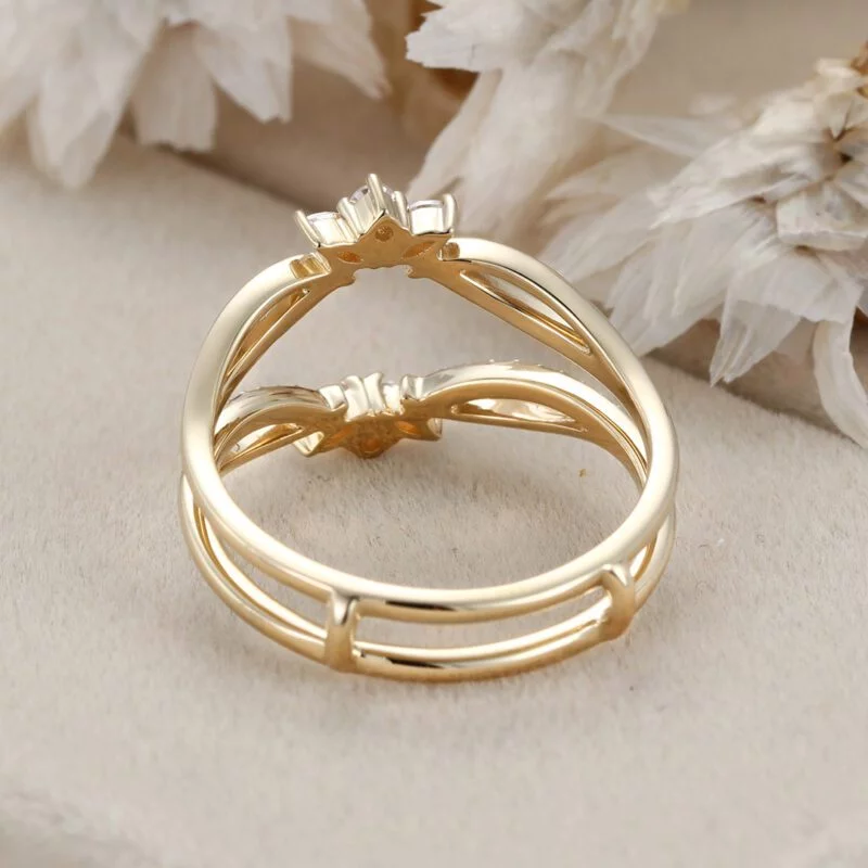 Unique Moissanite Curved wedding band Yellow gold double wedding band vintage marquise diamond wedding ring matching bridal promise gift