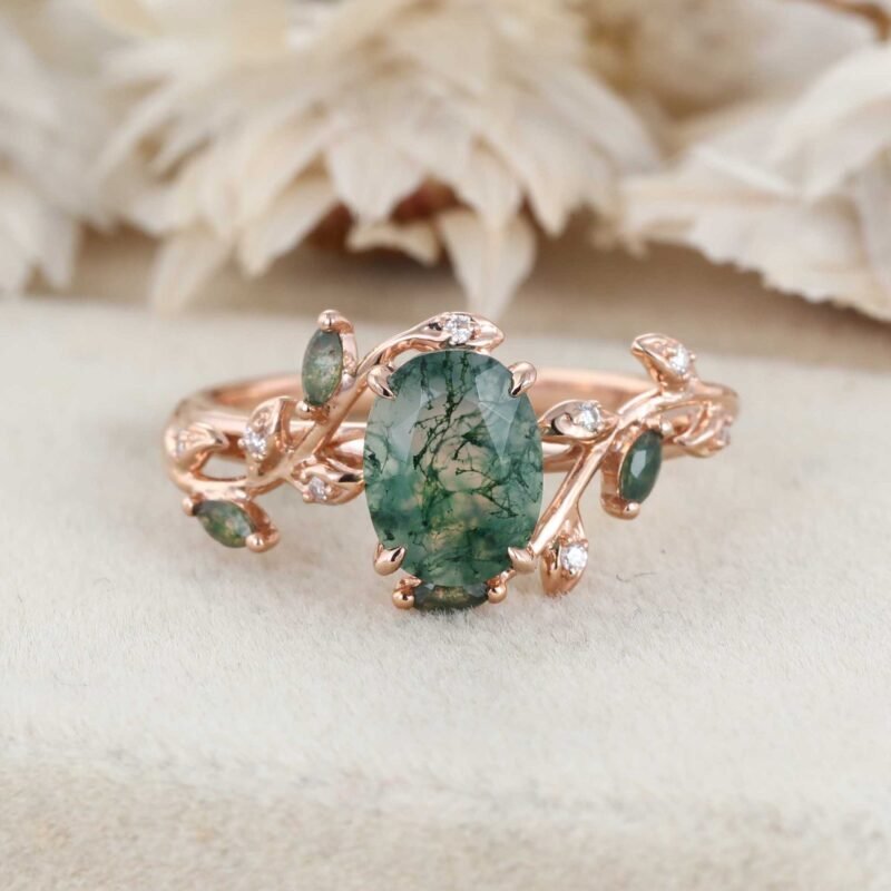 Unique Moss Agate Ring 14K Rose Gold Leaf Moss Agate Engagement Ring Enhancer Promise Wedding Ring Personalized Rings