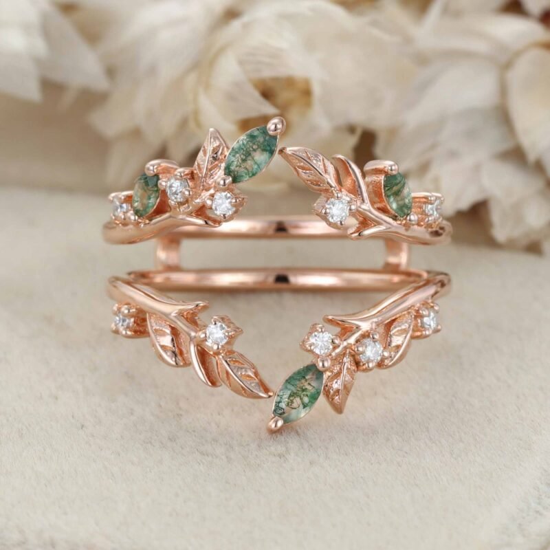 Unique Moss Agate Ring Enhancer Rose Gold Leaf Branch Double Wedding Band Stacking Matching Ring Dainty Moissanite Wedding Ring Promise Ring