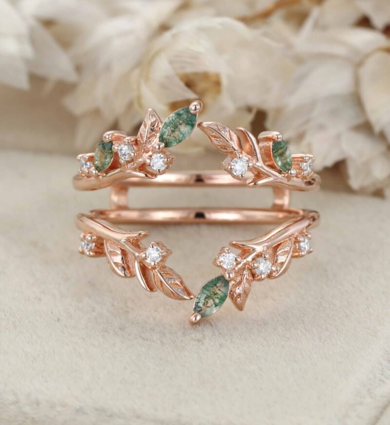 Unique Moss Agate Ring Enhancer Rose Gold Leaf Branch Double Wedding Band Stacking Matching Ring Dainty Moissanite Wedding Ring Promise Ring