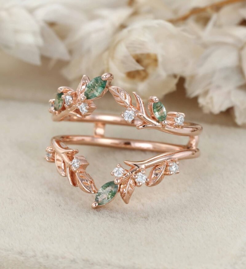 Unique Moss Agate Ring Enhancer Rose Gold Leaf Branch Double Wedding Band Stacking Matching Ring Dainty Moissanite Wedding Ring Promise Ring