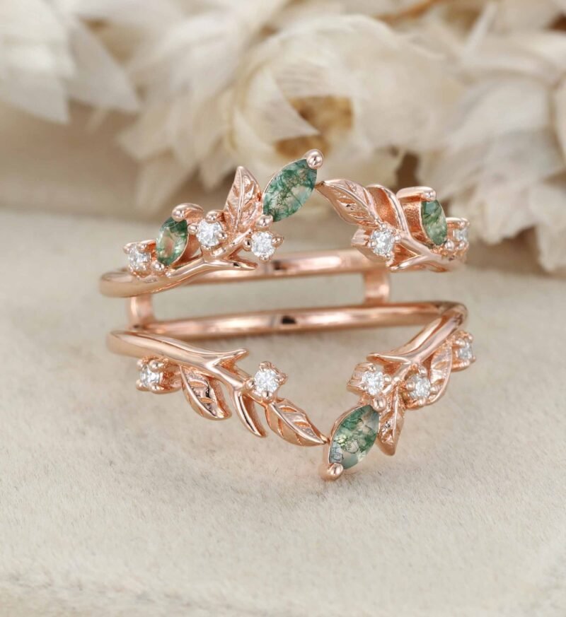 Unique Moss Agate Ring Enhancer Rose Gold Leaf Branch Double Wedding Band Stacking Matching Ring Dainty Moissanite Wedding Ring Promise Ring