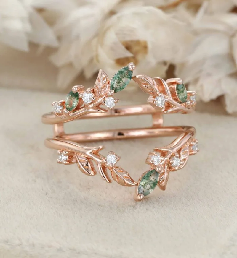 Unique Moss Agate Ring Enhancer Rose Gold Leaf Branch Double Wedding Band Stacking Matching Ring Dainty Moissanite Wedding Ring Promise Ring