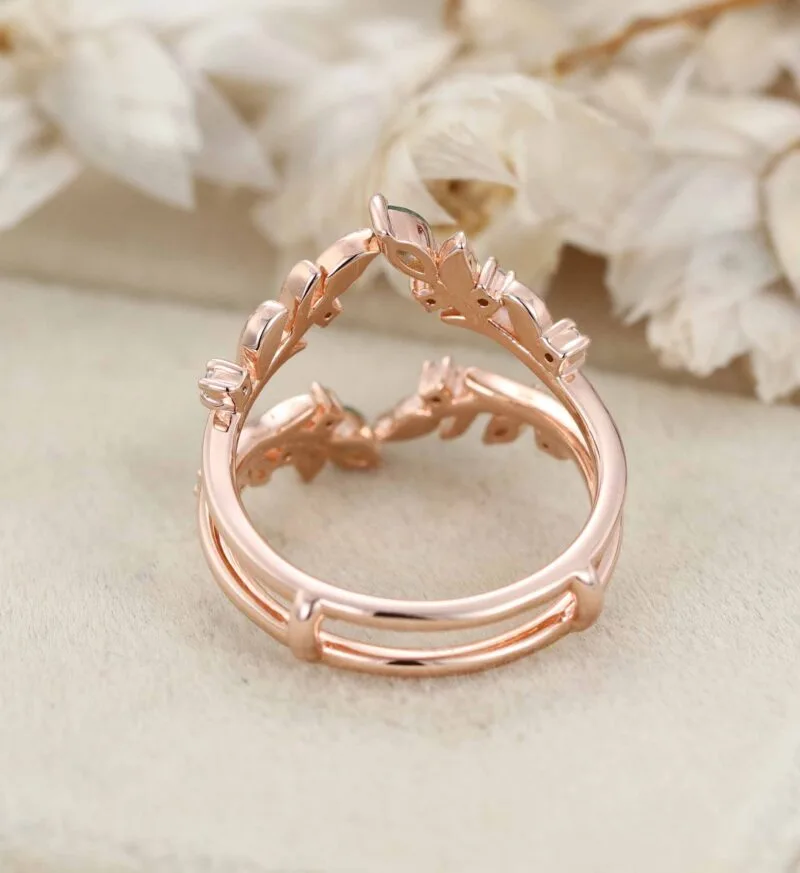 Unique Moss Agate Ring Enhancer Rose Gold Leaf Branch Double Wedding Band Stacking Matching Ring Dainty Moissanite Wedding Ring Promise Ring