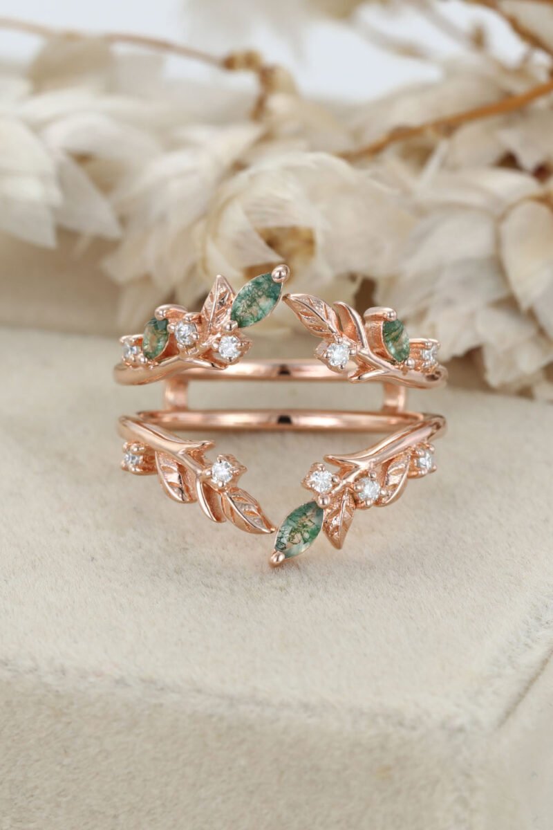 Unique Moss Agate Ring Enhancer Rose Gold Leaf Branch Double Wedding Band Stacking Matching Ring Dainty Moissanite Wedding Ring Promise Ring