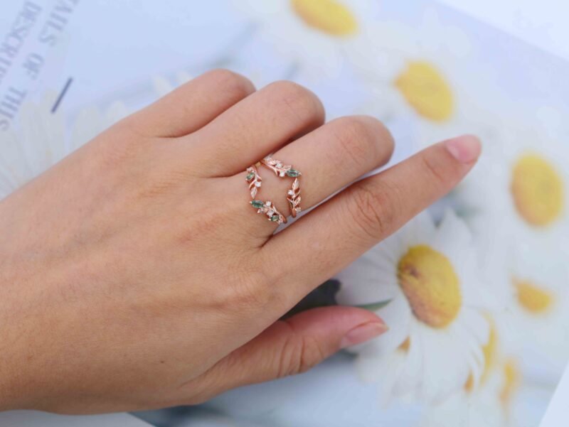 Unique Moss Agate Ring Enhancer Rose Gold Leaf Branch Double Wedding Band Stacking Matching Ring Dainty Moissanite Wedding Ring Promise Ring