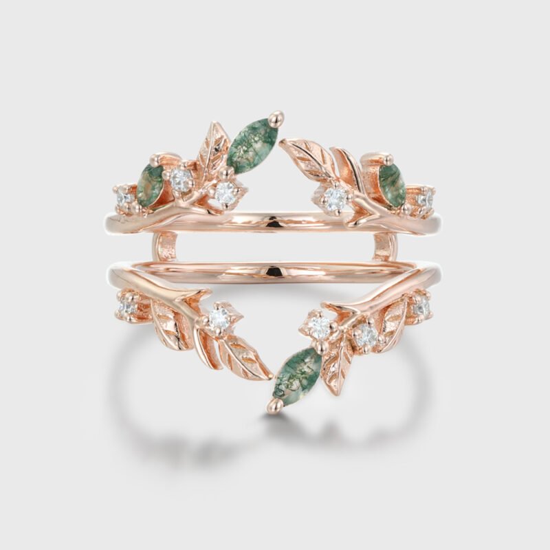 Unique Moss Agate Ring Enhancer Rose Gold Leaf Branch Double Wedding Band Stacking Matching Ring Dainty Moissanite Wedding Ring Promise Ring