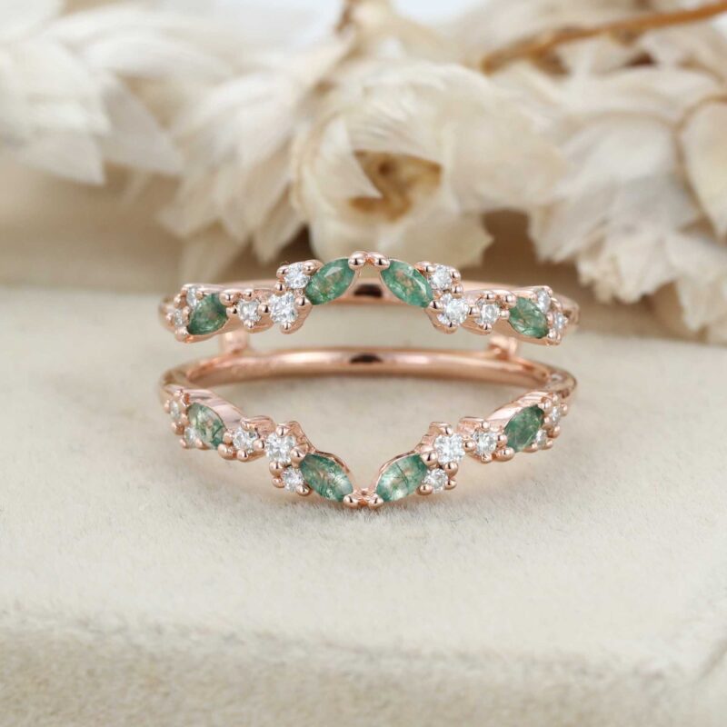 Unique Moss Agate Ring Enhancer Rose Gold Women Moissanite Curved Wedding Band Stacking Matching Promise Ring Personalized Gift For Her