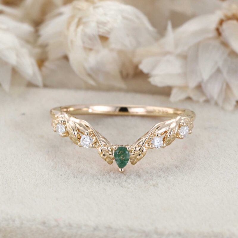 Unique Moss Agate Wedding Band Vintage Curved V Shaped 14k Rose Gold Diamond Ring Leaf Nature Ring