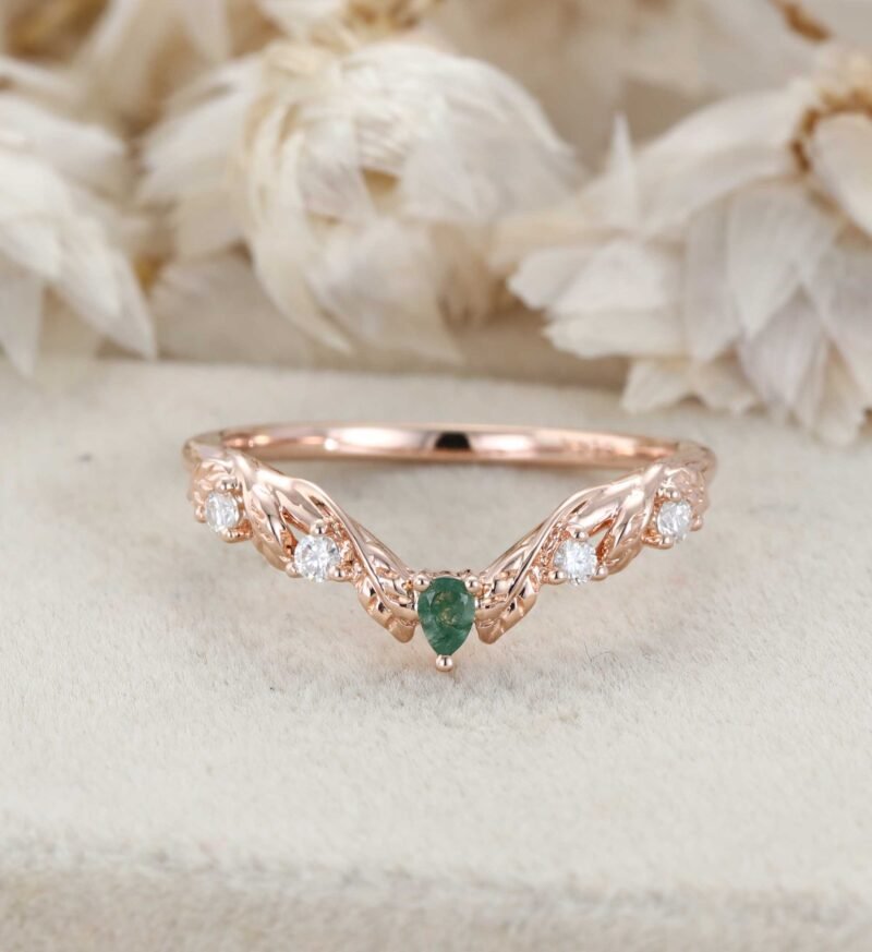 Unique Moss Agate Wedding Band Vintage Curved V Shaped 14k Rose Gold Diamond Ring Leaf Nature Ring