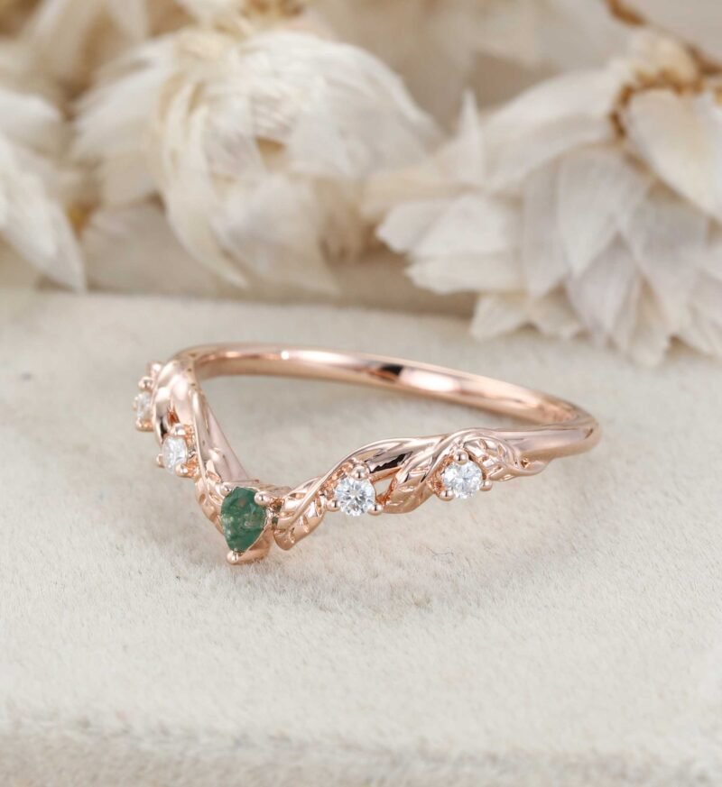 Unique Moss Agate Wedding Band Vintage Curved V Shaped 14k Rose Gold Diamond Ring Leaf Nature Ring