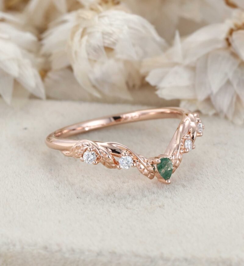 Unique Moss Agate Wedding Band Vintage Curved V Shaped 14k Rose Gold Diamond Ring Leaf Nature Ring