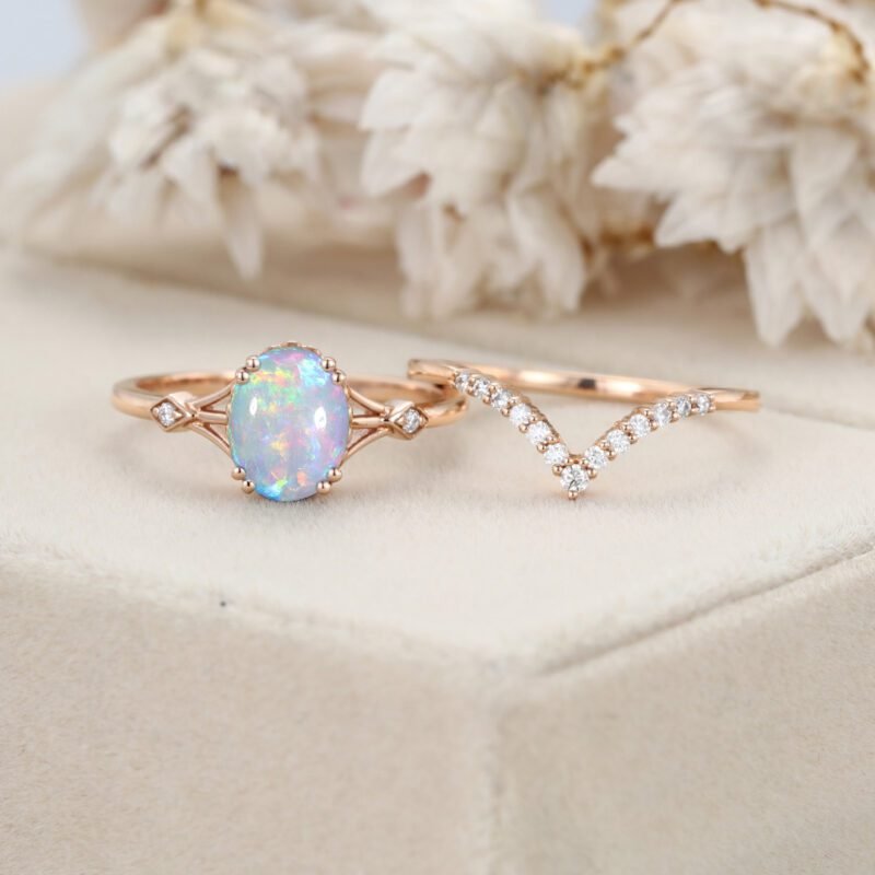 Unique Opal engagement ring set Vintage Oval cut Unique cluster Diamond ring Rose gold wedding Bridal promise ring set Anniversary gift