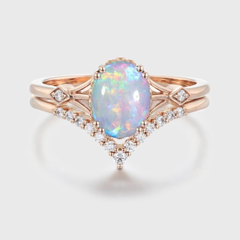 Unique Opal engagement ring set Vintage Oval cut Unique cluster Diamond ring Rose gold wedding Bridal promise ring set Anniversary gift