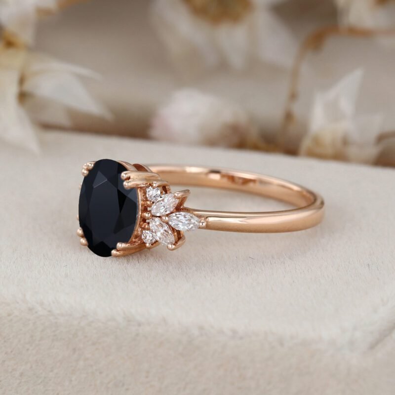 Unique Oval Black onyx engagement ring Vintage 14K Rose gold Marquise Moissanite ring art deco diamond wedding band anniversary gift