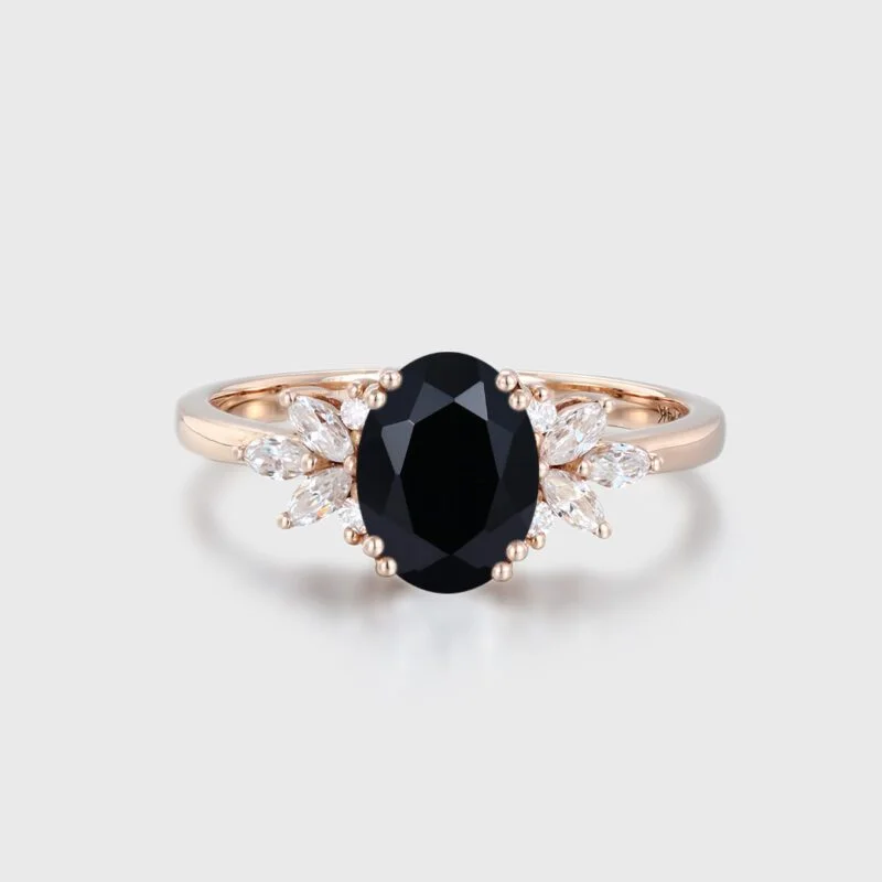 Unique Oval Black onyx engagement ring Vintage 14K Rose gold Marquise Moissanite ring art deco diamond wedding band anniversary gift