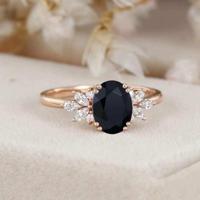 Unique Oval Black onyx engagement ring Vintage 14K Rose gold Marquise Moissanite ring art deco diamond wedding band anniversary gift