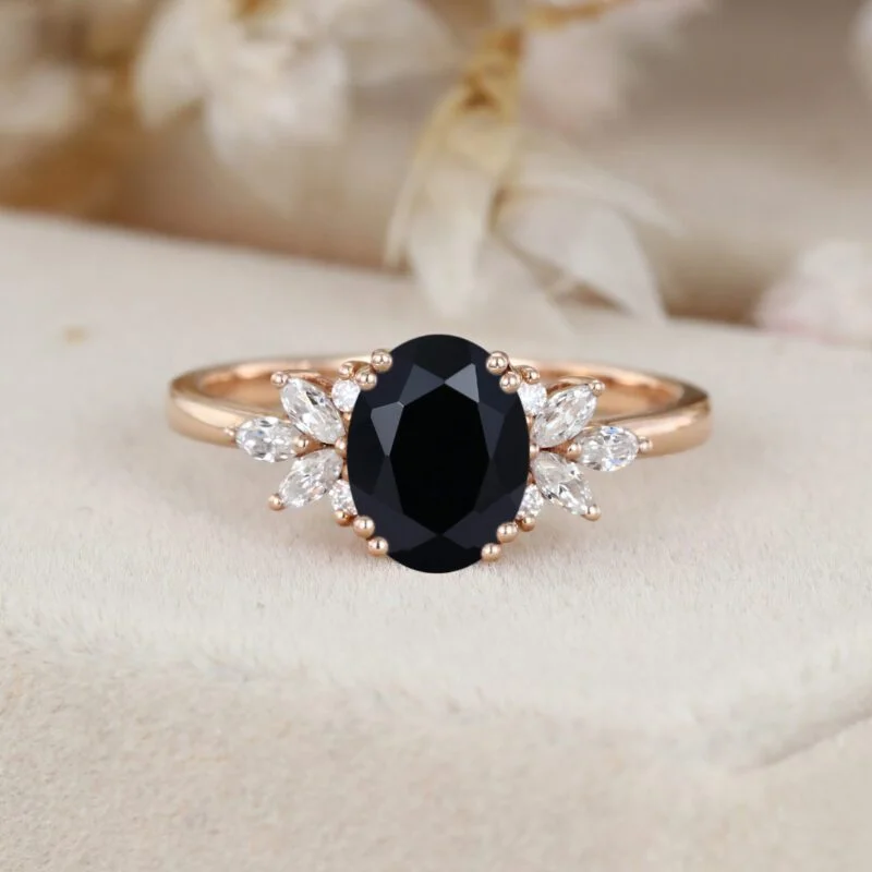 Unique Oval Black onyx engagement ring Vintage 14K Rose gold Marquise Moissanite ring art deco diamond wedding band anniversary gift