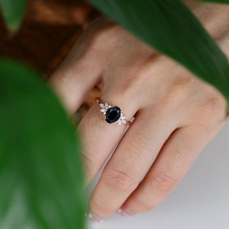 Unique Oval Black onyx engagement ring Vintage 14K Rose gold Marquise Moissanite ring art deco diamond wedding band anniversary gift