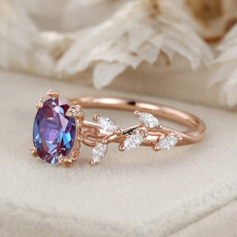 Unique Oval Cut Lab Alexandrite Engagement Ring 14K Solid Gold Ring Branch Marquise Moissanite Cluster Ring