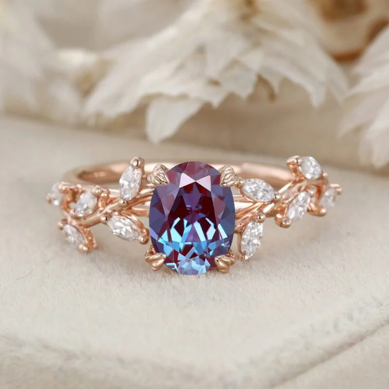 Unique Oval Cut Lab Alexandrite Engagement Ring 14K Solid Gold Ring Branch Marquise Moissanite Cluster Ring