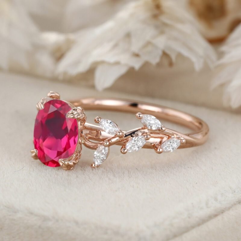 Unique Oval Cut Lab-Grown Ruby Engagement Ring 14K Solid Gold Ring Branch Marquise Moissanite Cluster Ring
