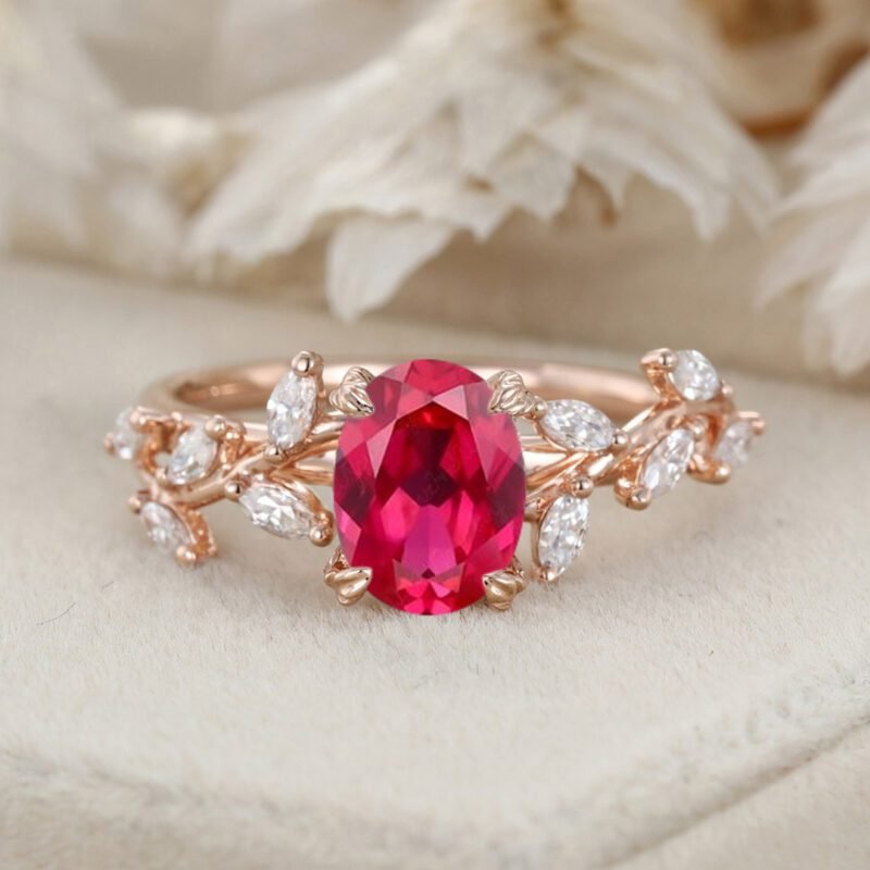 Unique Oval Cut Lab-Grown Ruby Engagement Ring 14K Solid Gold Ring Branch Marquise Moissanite Cluster Ring