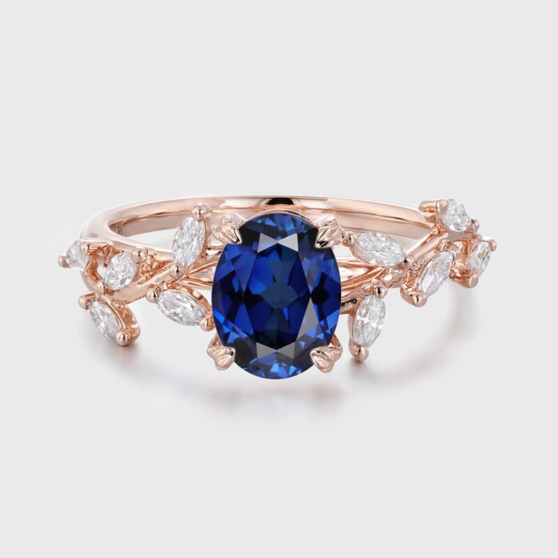 Unique Oval Cut Lab-Grown Sapphire Engagement Ring 14K Solid Gold Ring Branch Marquise Moissanite Cluster Ring