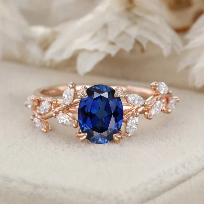 Unique Oval Cut Lab-Grown Sapphire Engagement Ring 14K Solid Gold Ring Branch Marquise Moissanite Cluster Ring